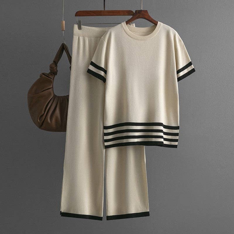 Knitted Color Block Striped Split Hem Two Piece Set