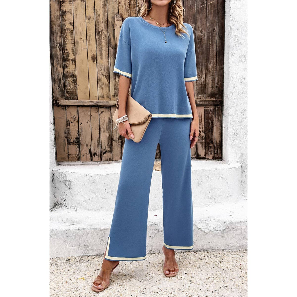 Two Pieces Outfits Knit Short Sleeve Wide Leg Lounge Sets