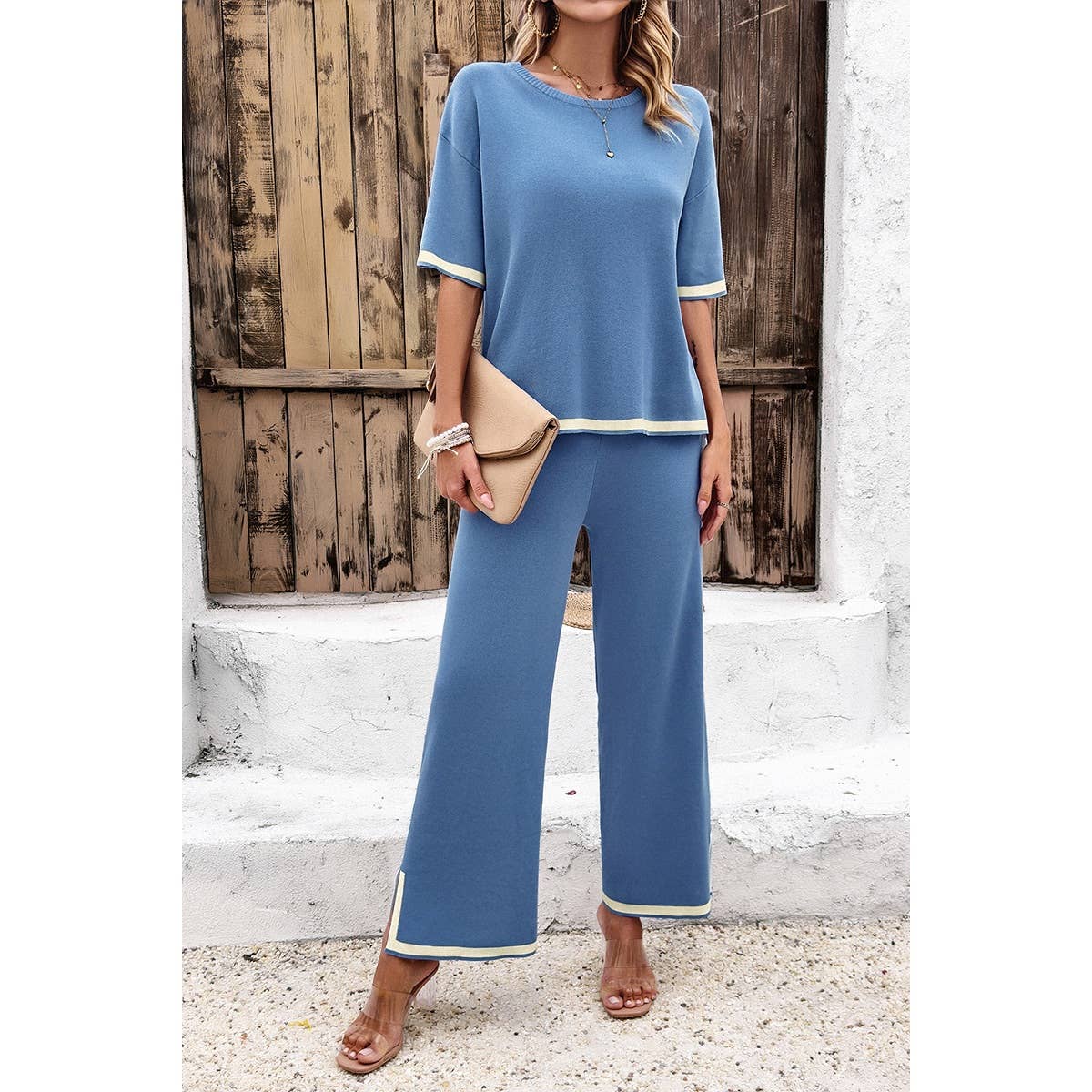 Two Pieces Outfits Knit Short Sleeve Wide Leg Lounge Sets