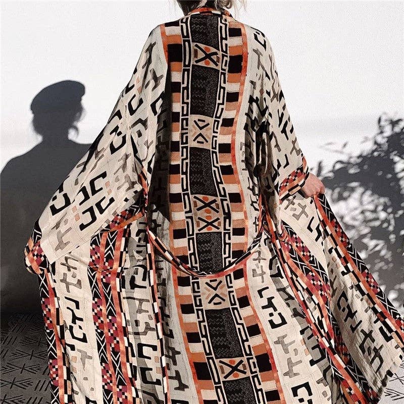Longline Loose Fit Printed Cardigan With Tie Waist