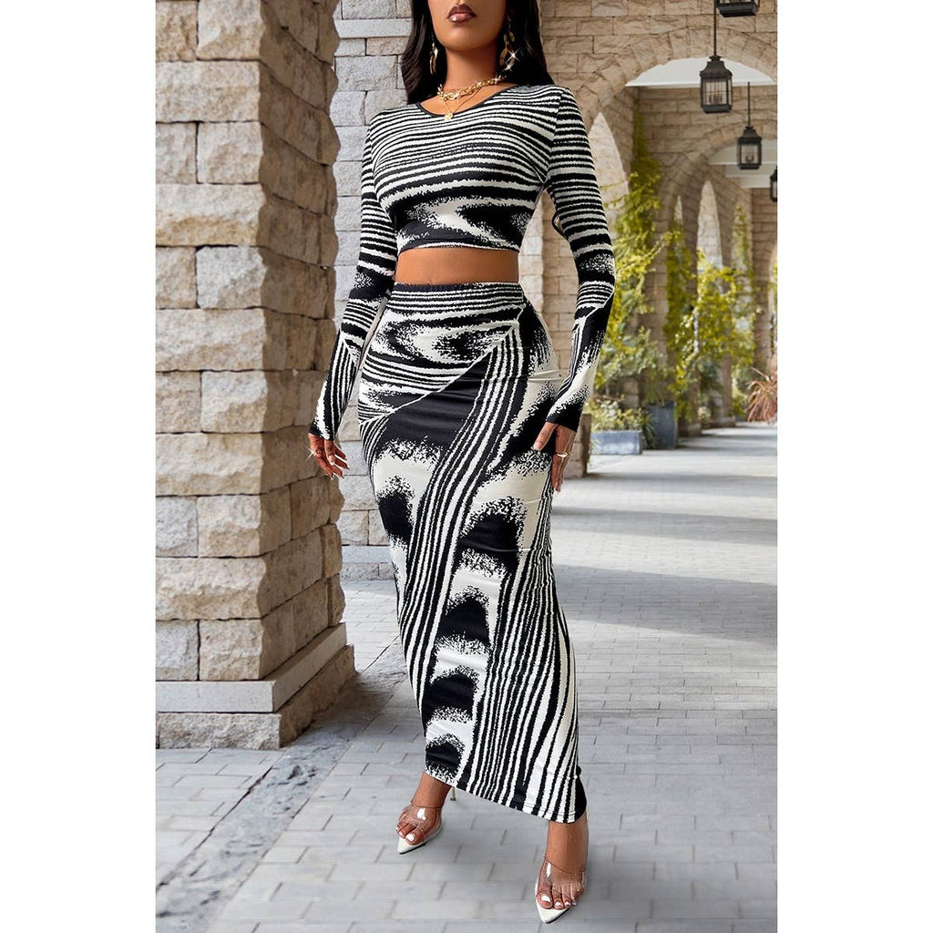 Round Neck Striped Crop Top Pencil Skirt Sets