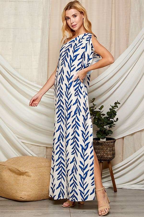 One Shoulder Leaf Print Maxi Dress. LF-5146IMD