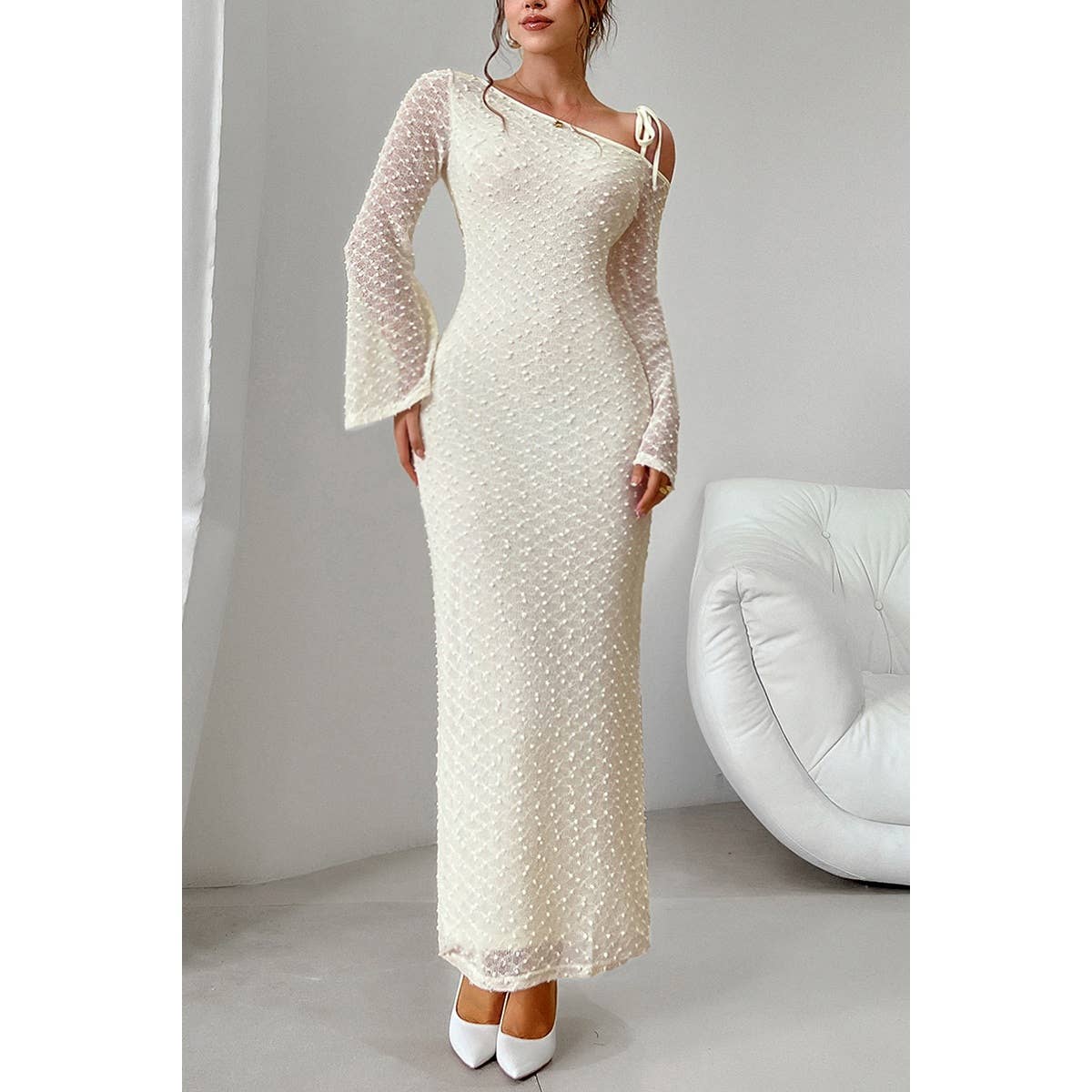 Solid Off Shoulder Bodycon Long Sleeve Dress