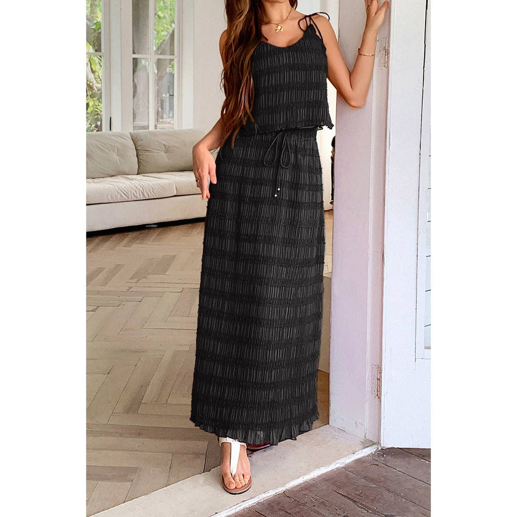 Solid Two Piece Strappy Maxi Skirt Crop Top Set