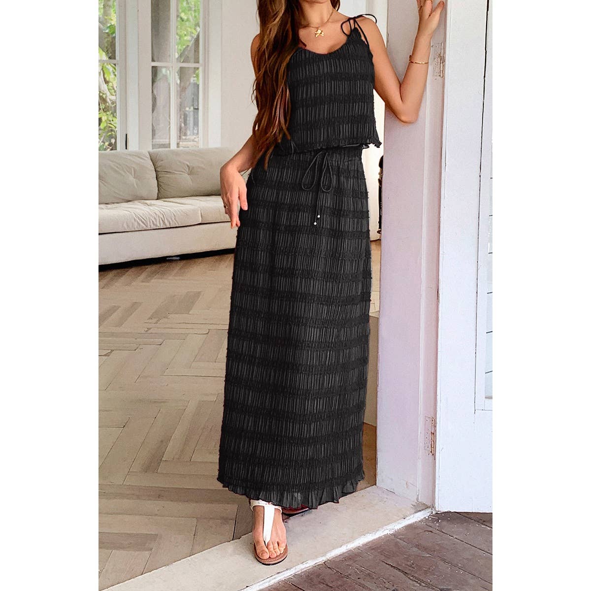 Solid Two Piece Strappy Maxi Skirt Crop Top Set