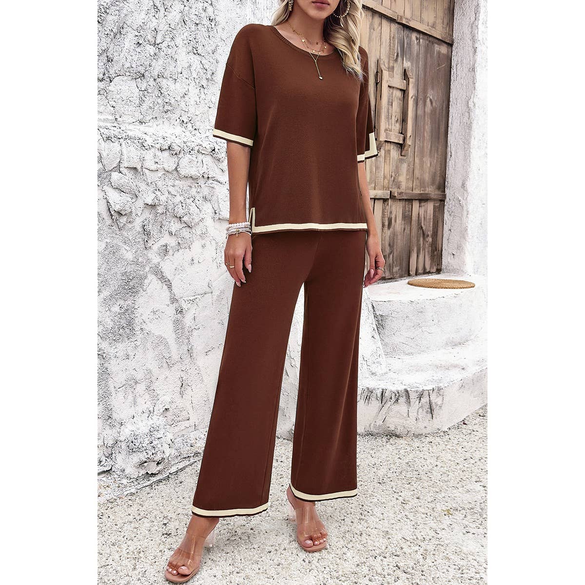 Two Pieces Outfits Knit Short Sleeve Wide Leg Lounge Sets