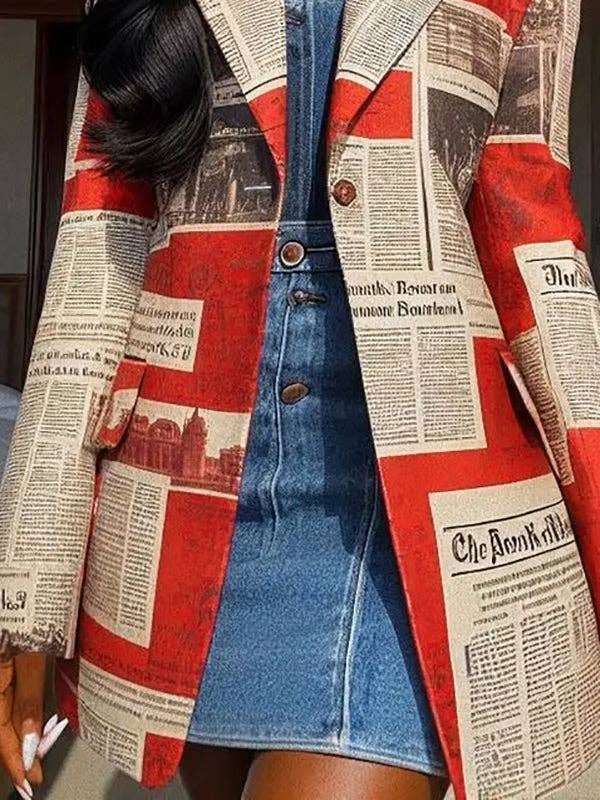 Long Sleeves Loose Buttoned Newspaper Print Pockets Split-Joint Notched Collar Blazer Outerwear