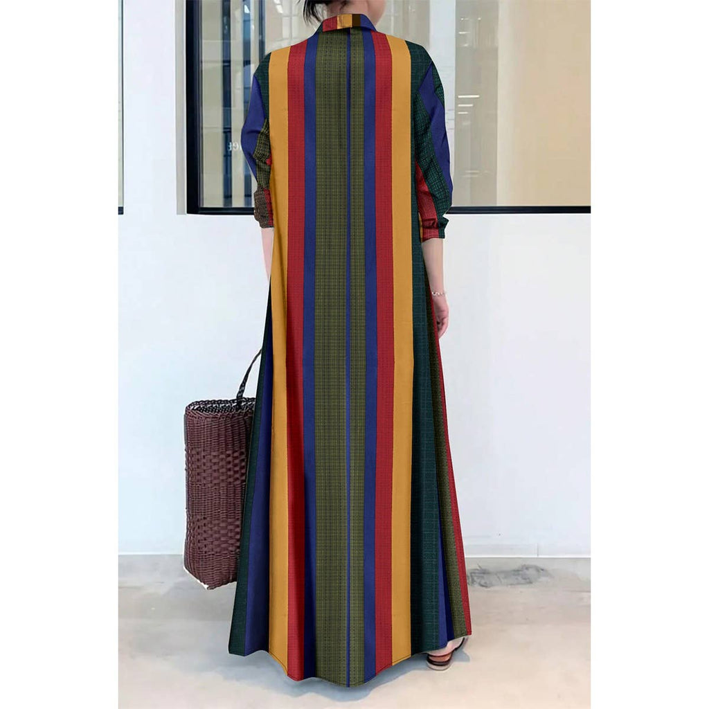 Strip Plaid Button Front Open Loose Maxi Dress