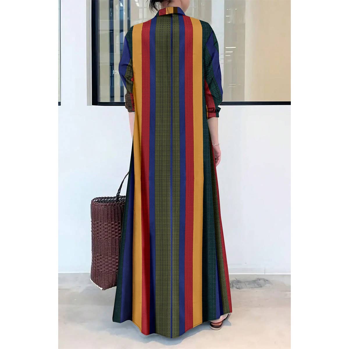 Strip Plaid Button Front Open Loose Maxi Dress
