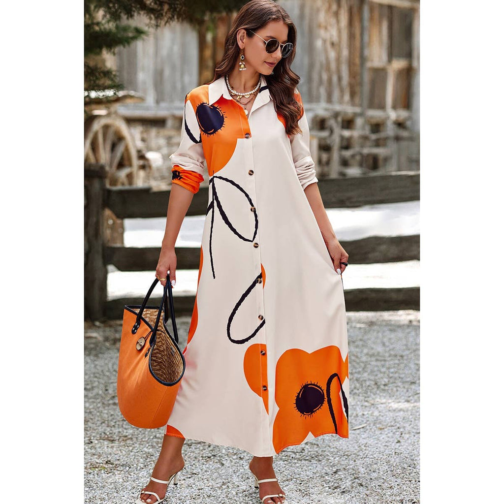 A Line Button Down Floral Print Loose Fit Dress