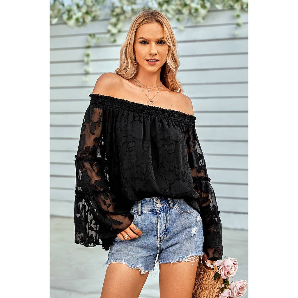 Solid Off Shoulder Flared Sleeve Flowy Blouse