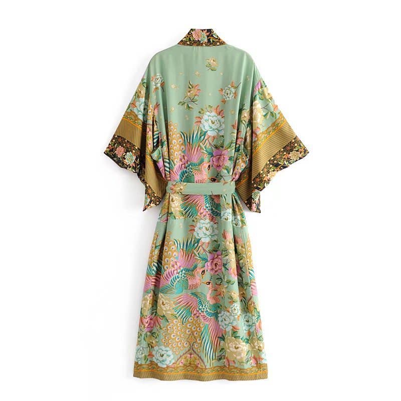 Peacock & Floral Print Belted Long Kimono Robe