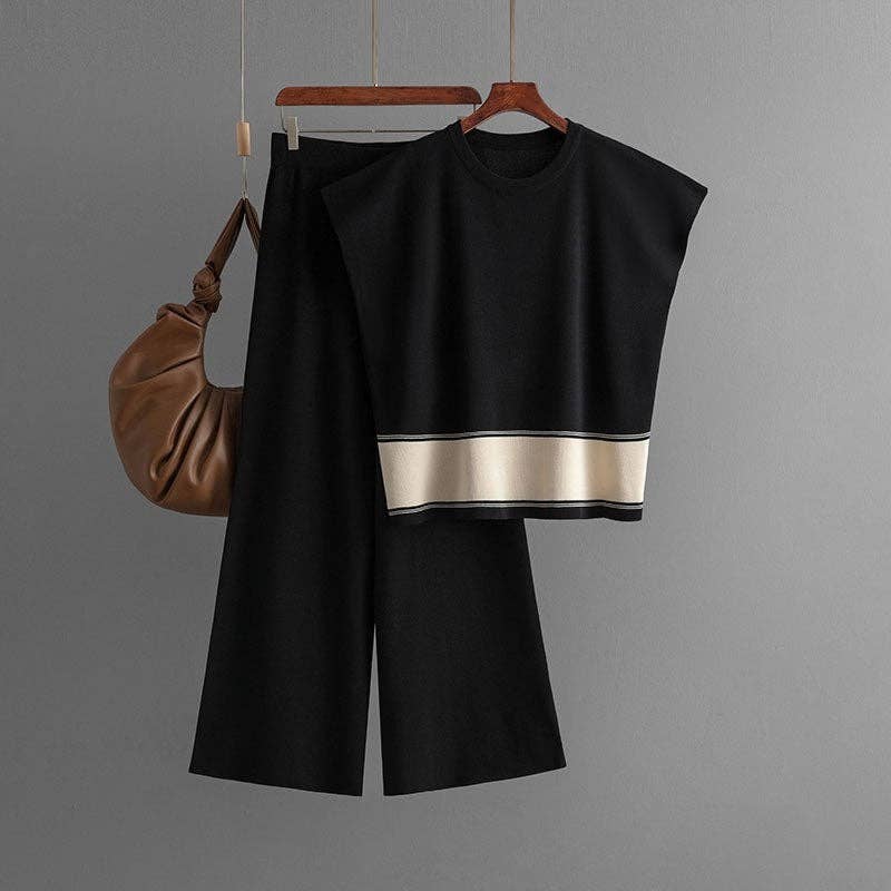 Knitted Colorblock Top Highwaist Wideleg Pants Set