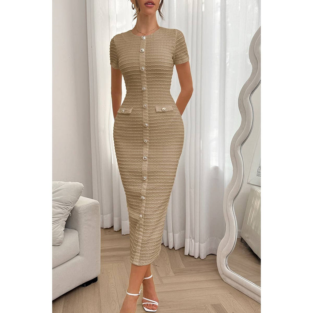 Solid Buckle Design Zipper Split Short Sleeve Dress