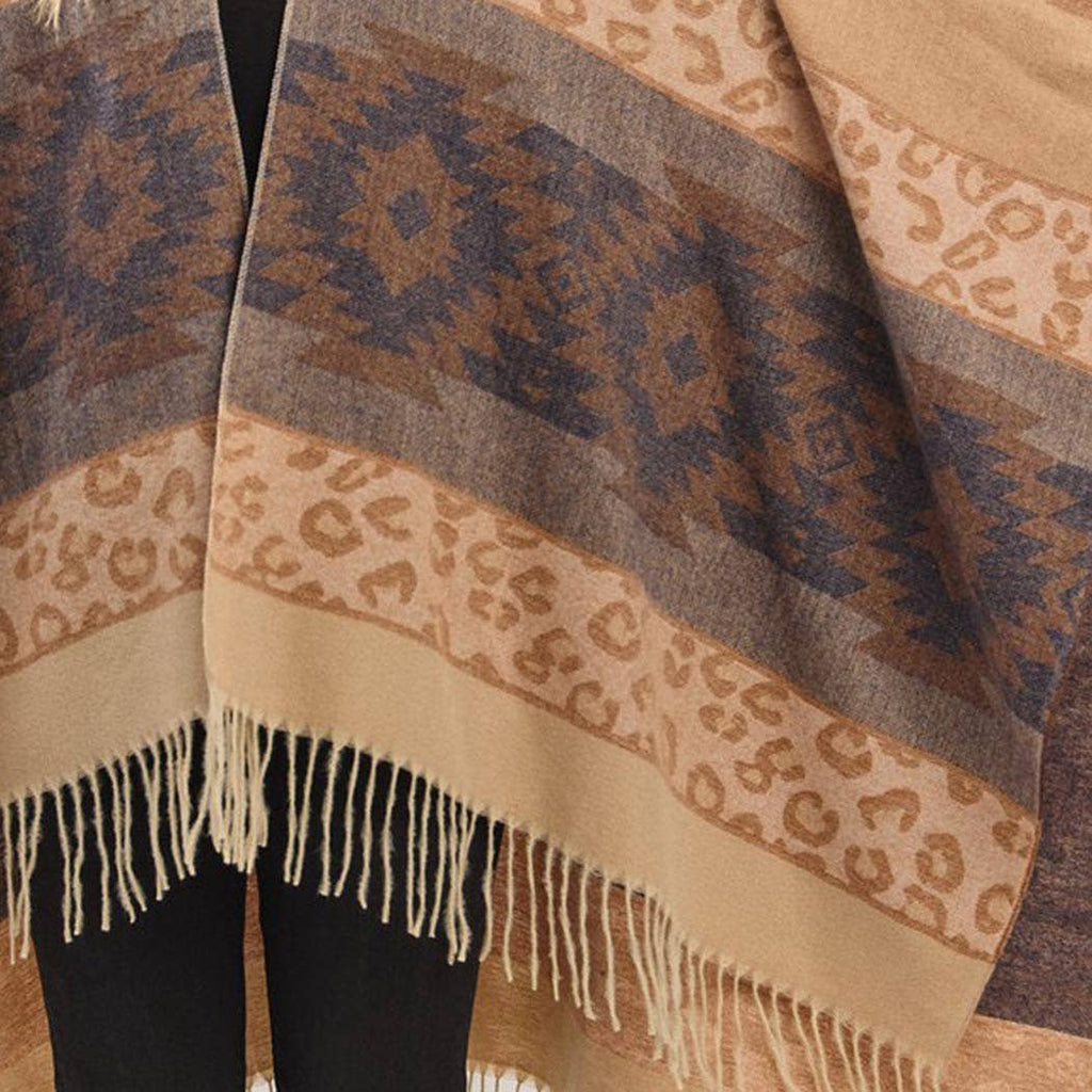 Aztec Leopard Pattern Fringe Ruana