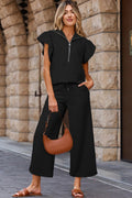 Kallie Ruffled Sleeve Zipped Top and Wide Leg Pants Set