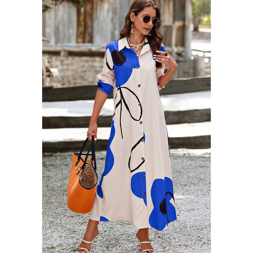 A Line Button Down Floral Print Loose Fit Dress