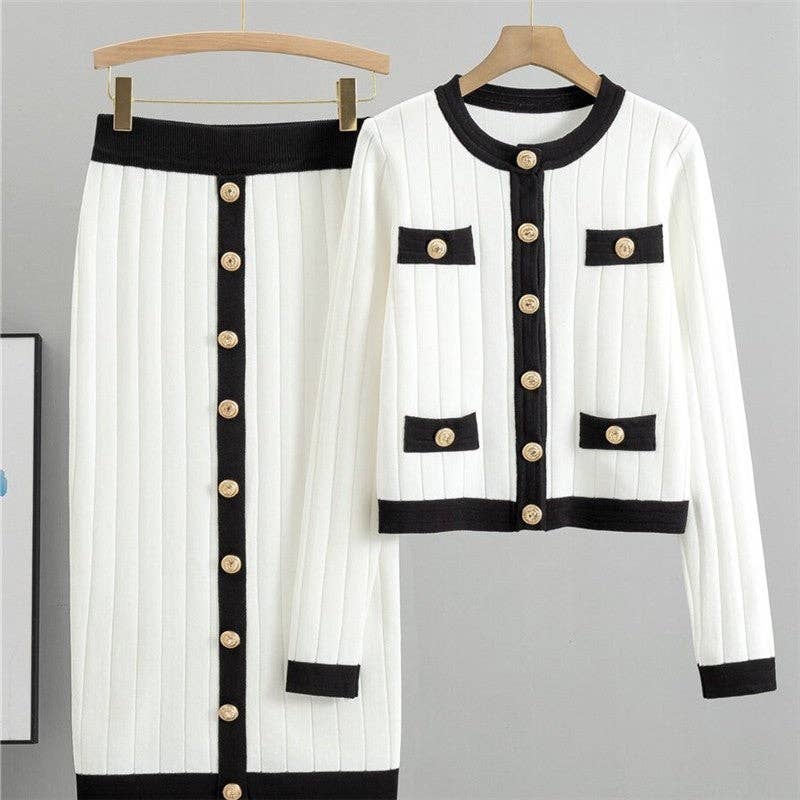 Color-Blocked Dress And Skirt Knitted Cardigan Set