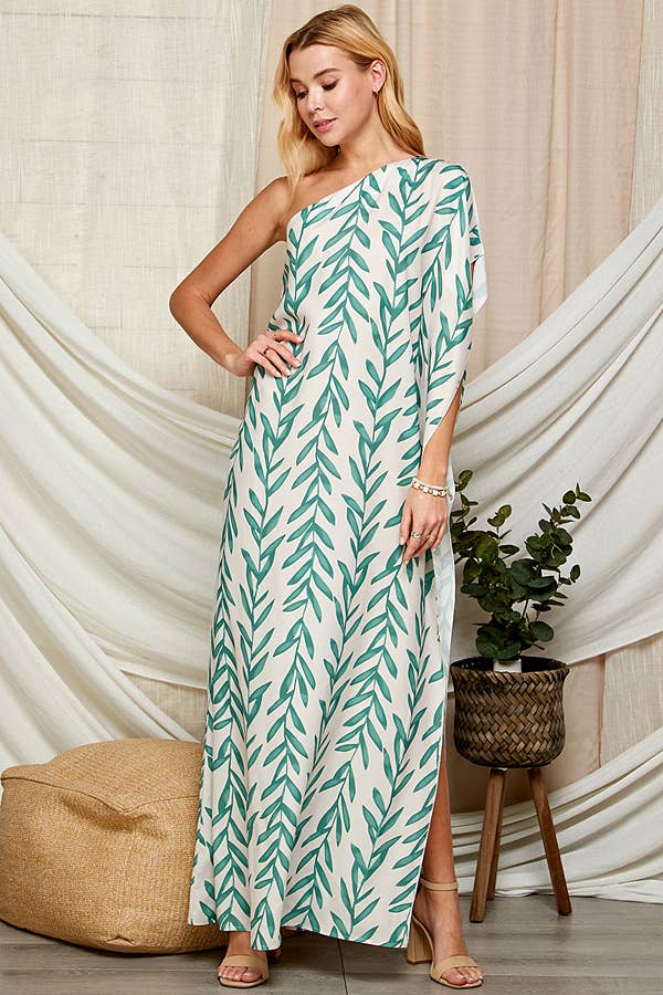 One Shoulder Leaf Print Maxi Dress. LF-5146IMD