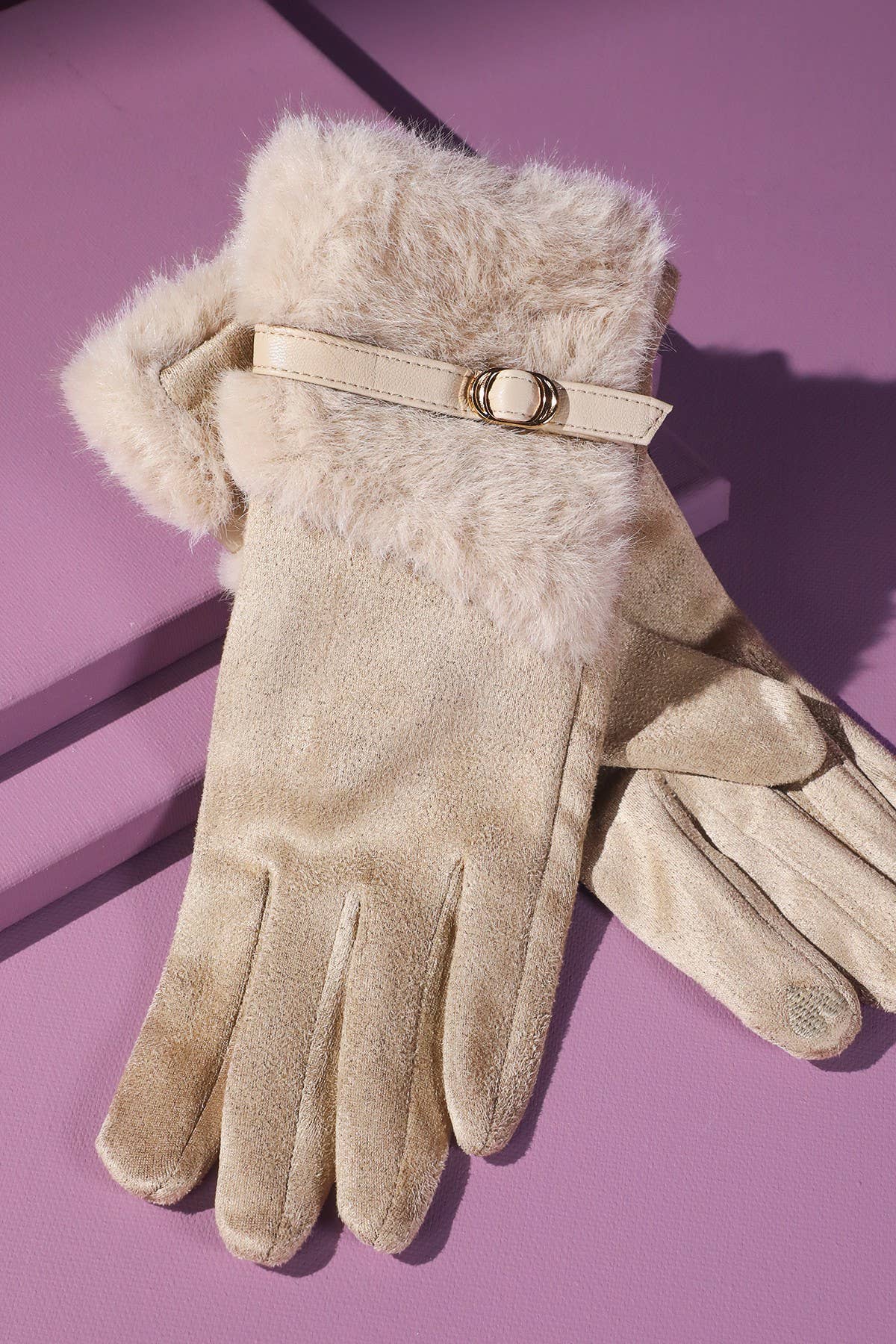 Faux Fur Smart Touch Gloves with Strap Cuff