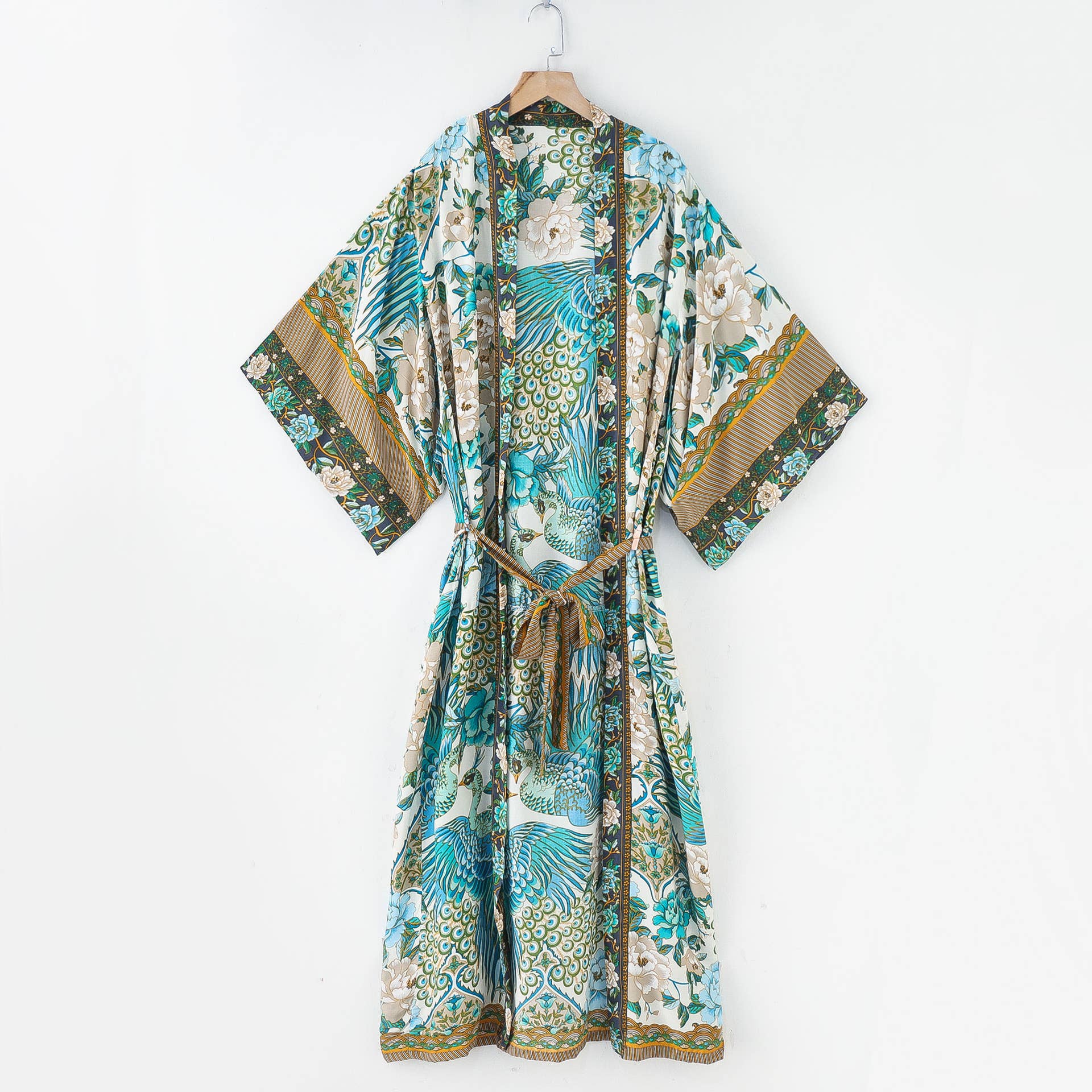 Peacock & Floral Print Belted Long Kimono Robe
