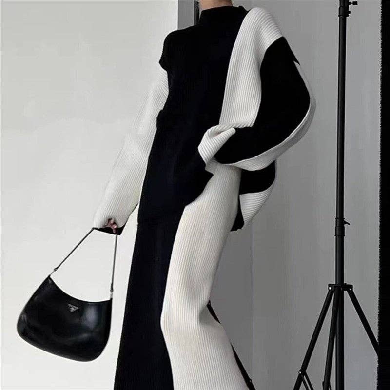 Fashionable Color-Blocking Sweater And Skirt Set