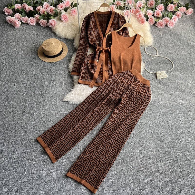 Knitted Cardigan, Vest, And Pants Set