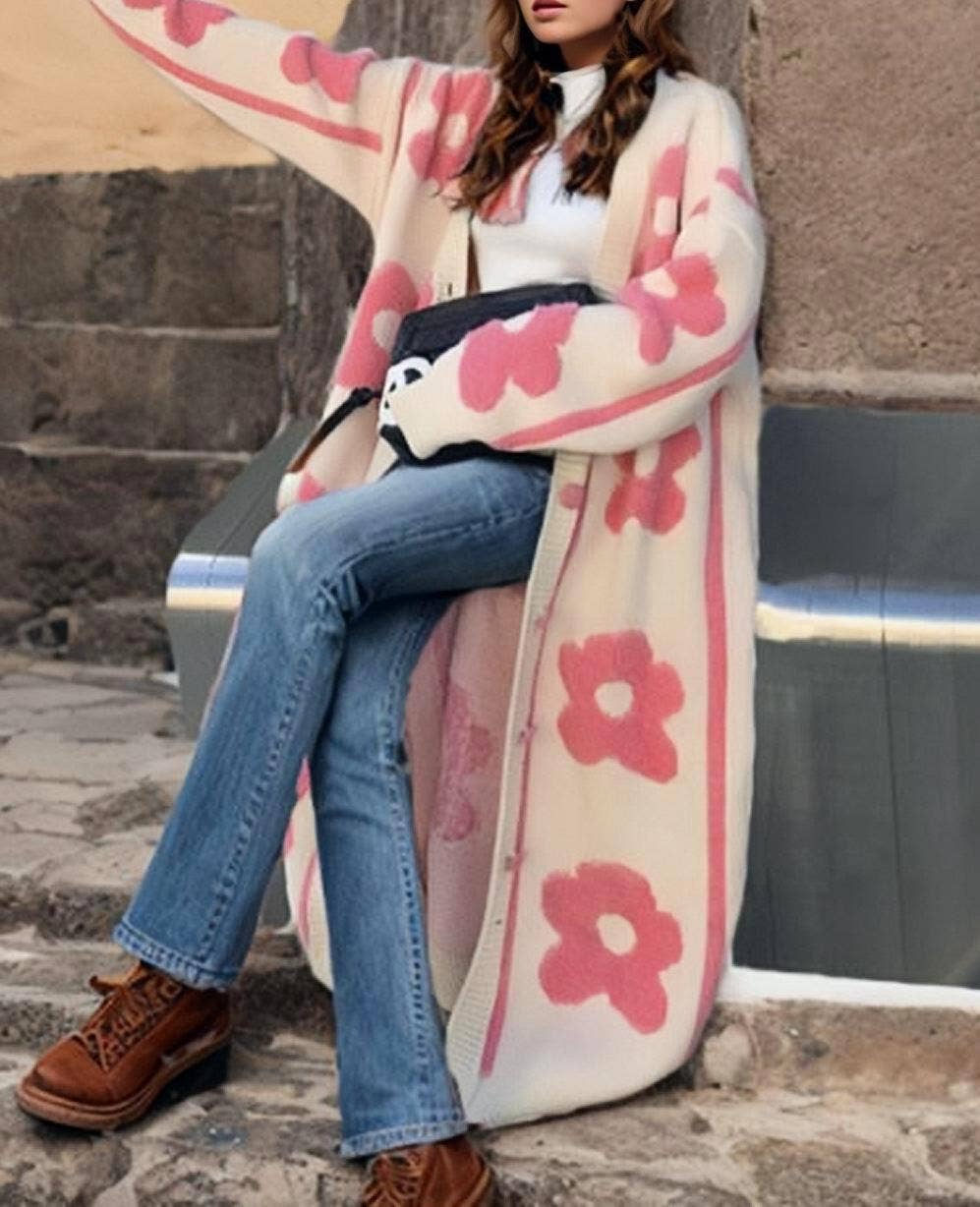 Flower jacquard long knit cardigan coat