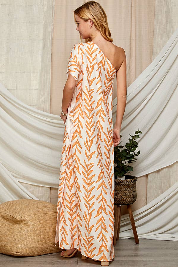 One Shoulder Leaf Print Maxi Dress. LF-5146IMD