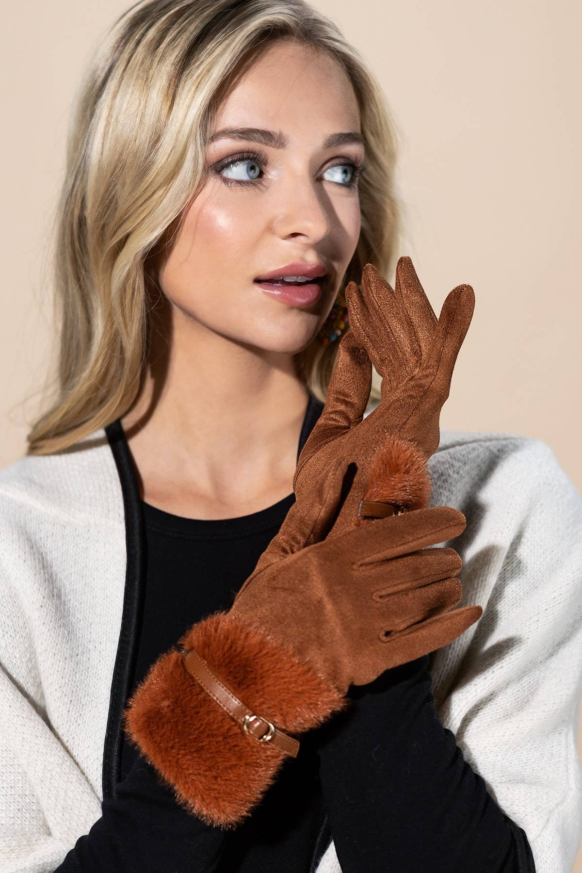 Faux Fur Smart Touch Gloves with Strap Cuff
