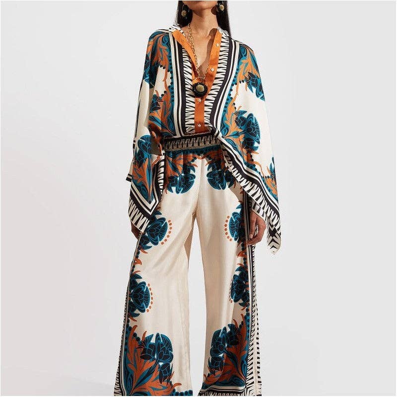 Printed Stand Collar Irregular Top And Pants Set