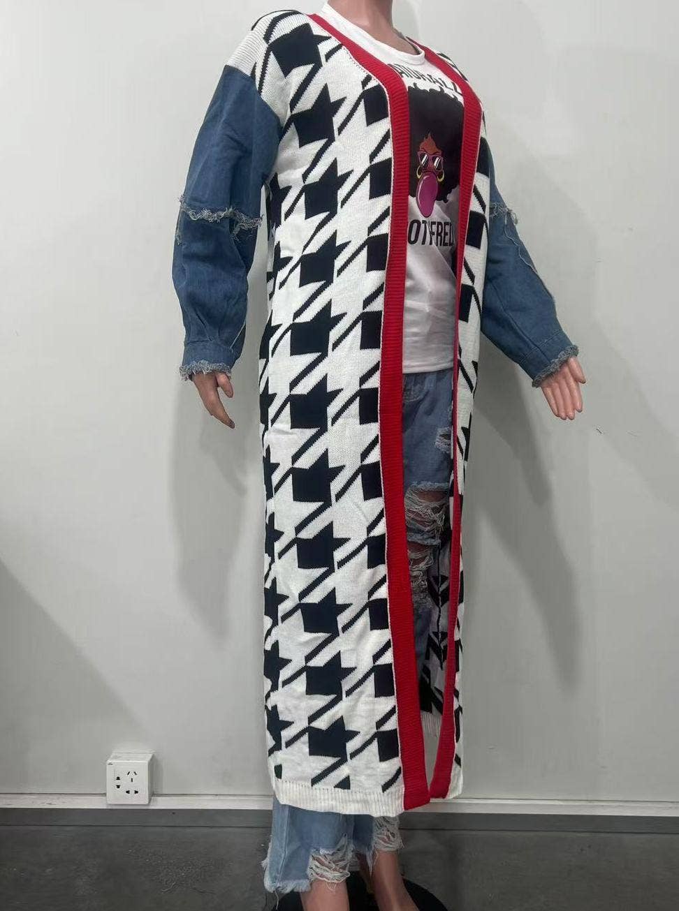 Houndstooth Pattern Denim Sleeve Spliced Long Cardigan