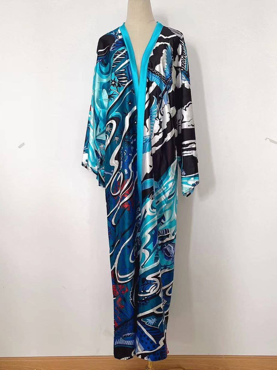 Satin Ethnic Multi Floral Printed Kimono 10 Colors