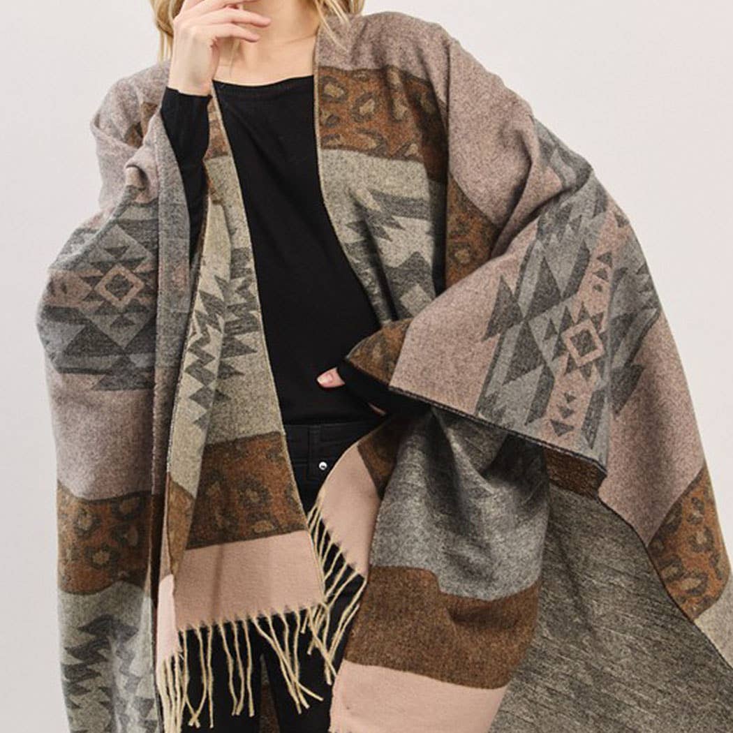 Aztec Leopard Pattern Fringe Ruana