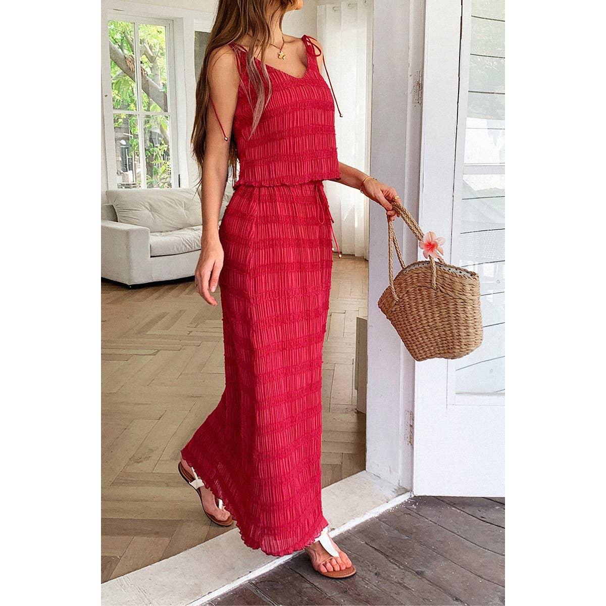 Solid Two Piece Strappy Maxi Skirt Crop Top Set