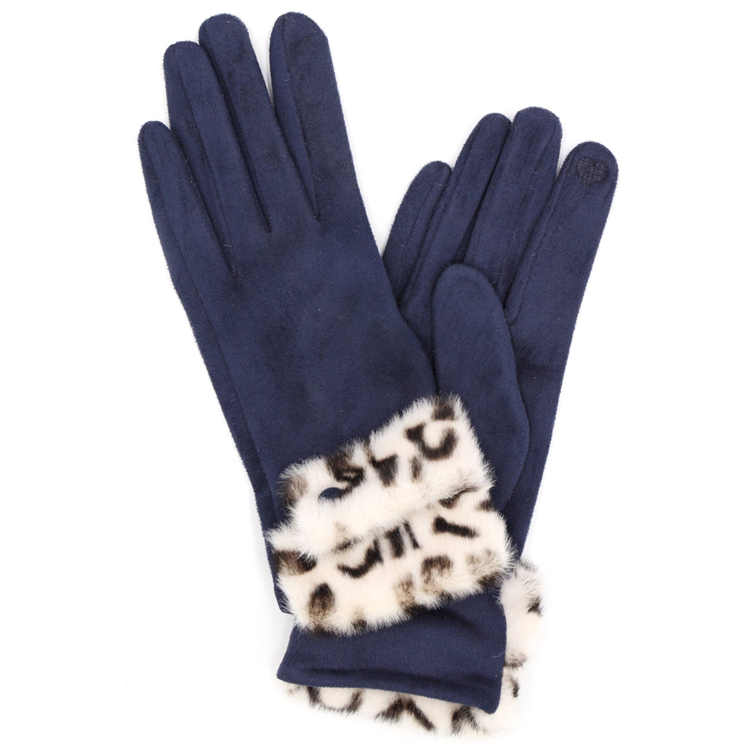 Leopard Faux Fur Cuff Smart Touch Winter Gloves