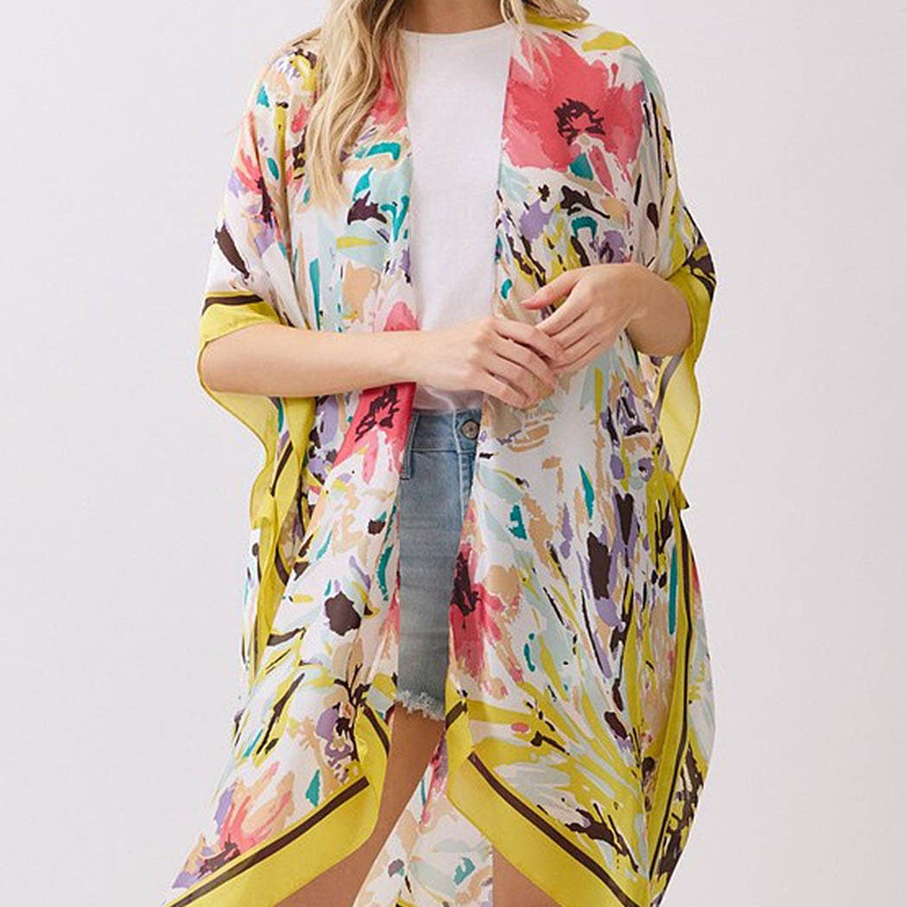 Abstract Floral Print Silky Feel Kimono