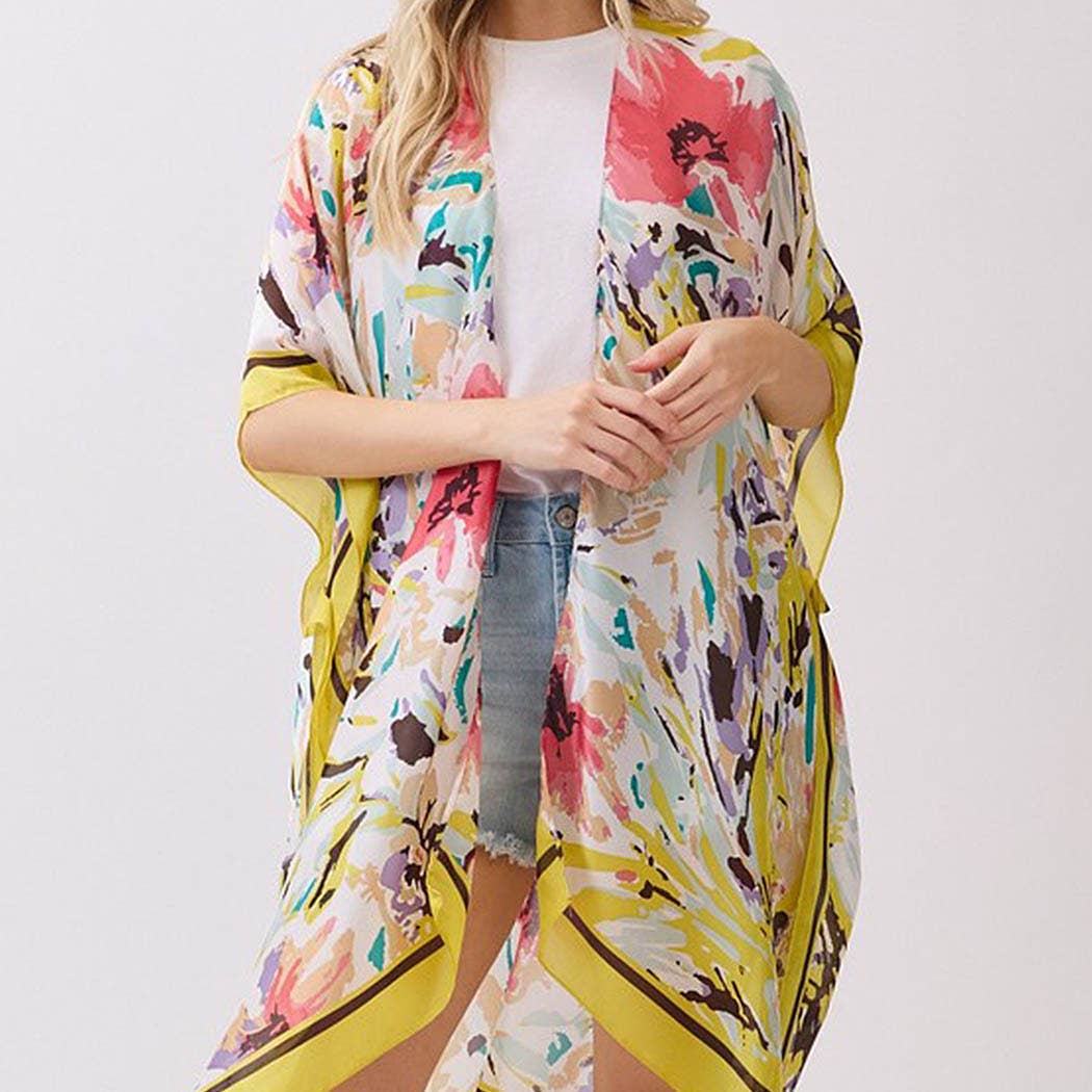 Abstract Floral Print Silky Feel Kimono