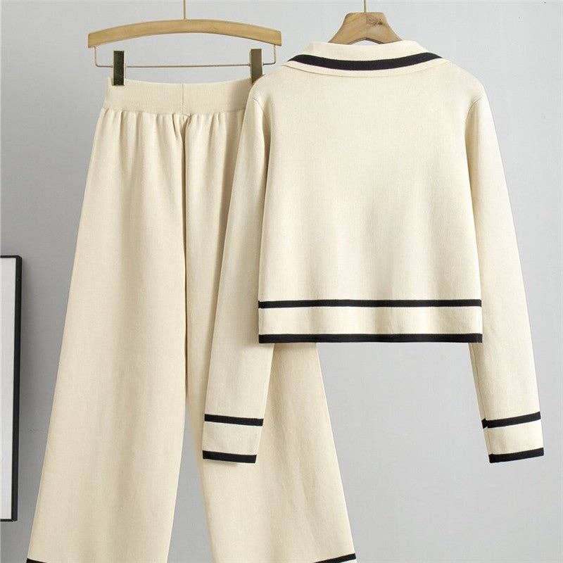 Knitted Wide Leg Pants And Cardigan Sweater Set