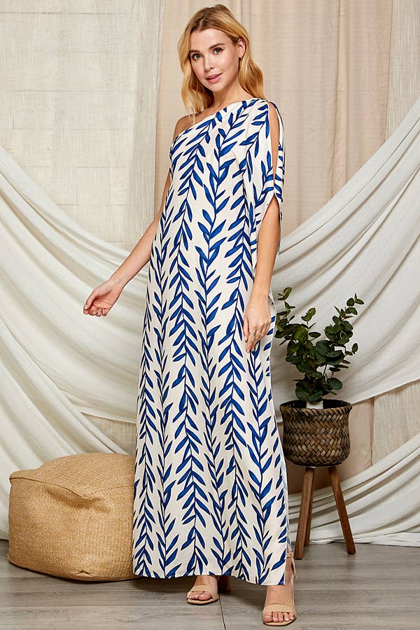 One Shoulder Leaf Print Maxi Dress. LF-5146IMD