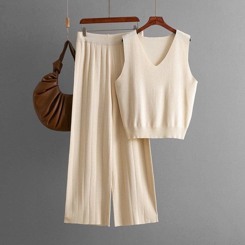V Neck Solid Knit Tank Top High Waist Wide Leg Set