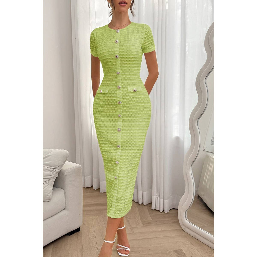 Solid Buckle Design Zipper Split Short Sleeve Dress