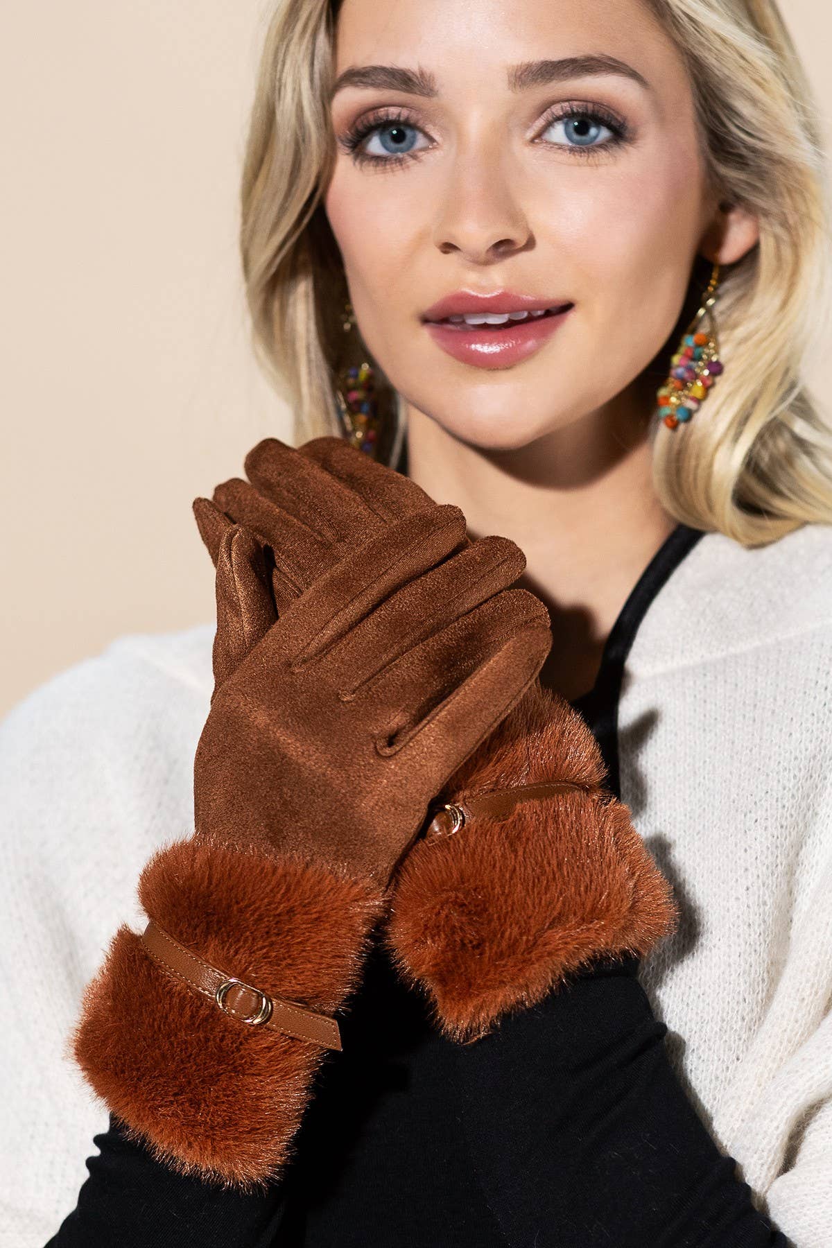 Faux Fur Smart Touch Gloves with Strap Cuff