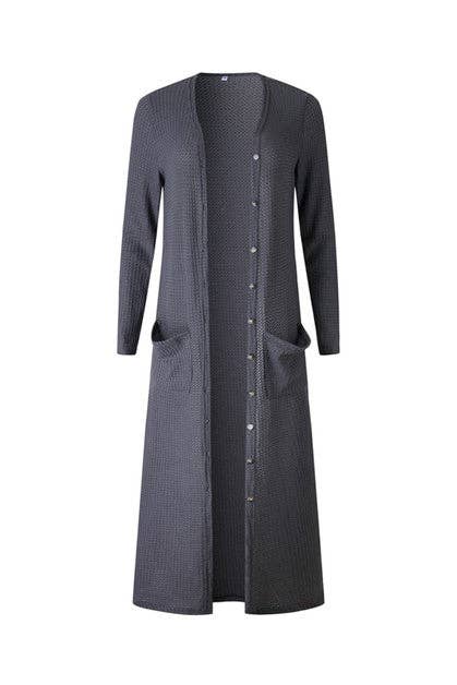 Solid Button Down Front Pocket Knitted Long Cardigan