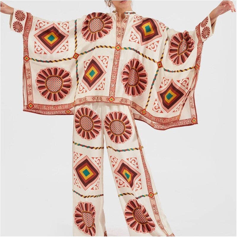 Printed Stand Collar Irregular Top And Pants Set