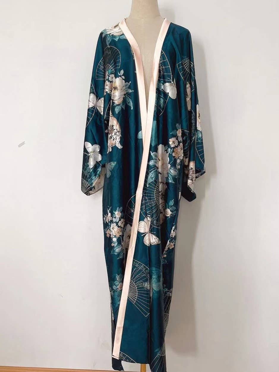 Satin Ethnic Multi Floral Printed Kimono 10 Colors
