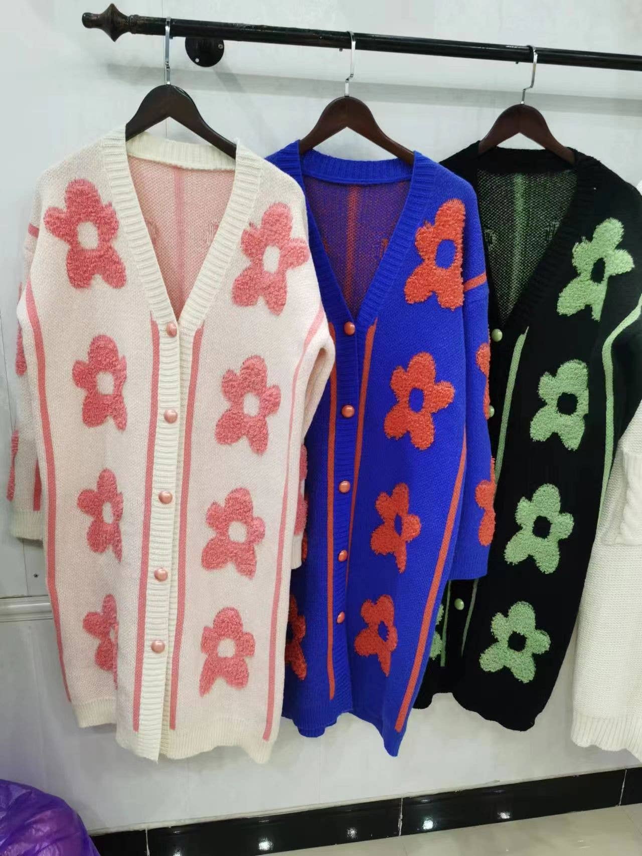 Flower jacquard long knit cardigan coat