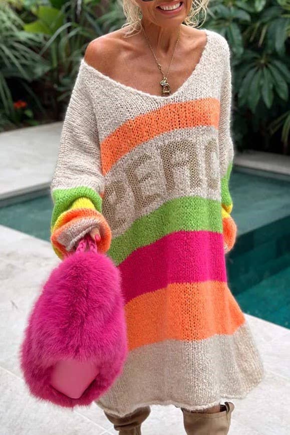 Peace Pattern Color Blocks Knit Midi Sweater Dress