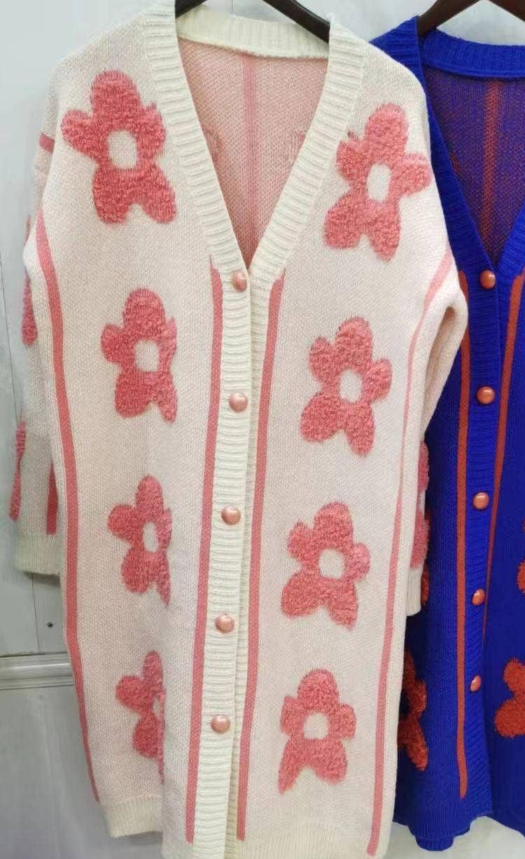 Flower jacquard long knit cardigan coat