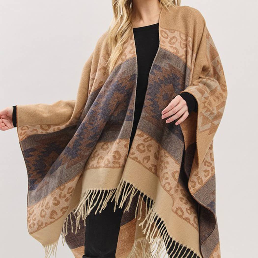 Aztec Leopard Pattern Fringe Ruana